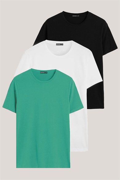 Siyah-Beyaz-Çağla Renk Regular Fit Pamuklu Erkek Tişört