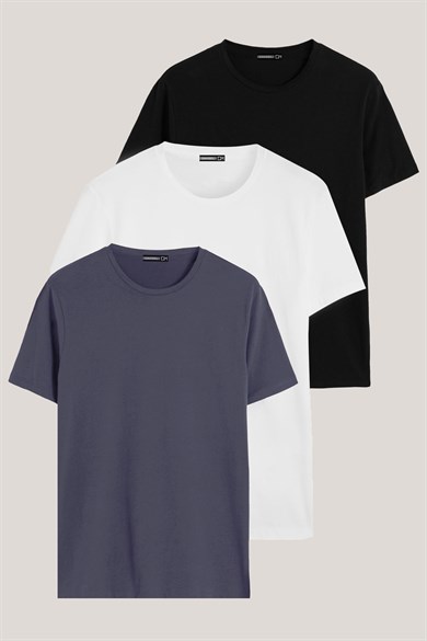 Siyah-Beyaz-Füme Renk Regular Fit Pamuklu Erkek Tişört