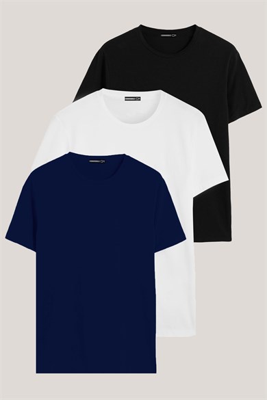Siyah-Beyaz-Lacivert Renk Regular Fit Pamuklu Erkek Tişört