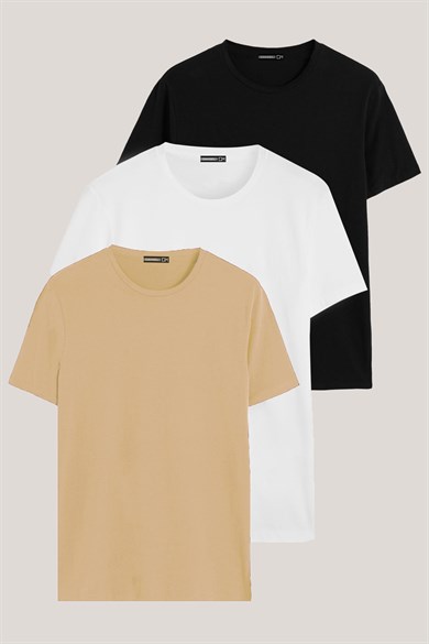 Siyah-Beyaz-Taş Renk Regular Fit Pamuklu Erkek Tişört